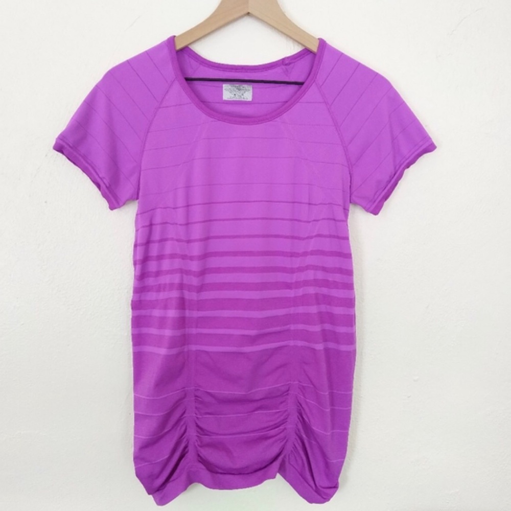 Athleta fastest trak tee purple stripe ruched size XL